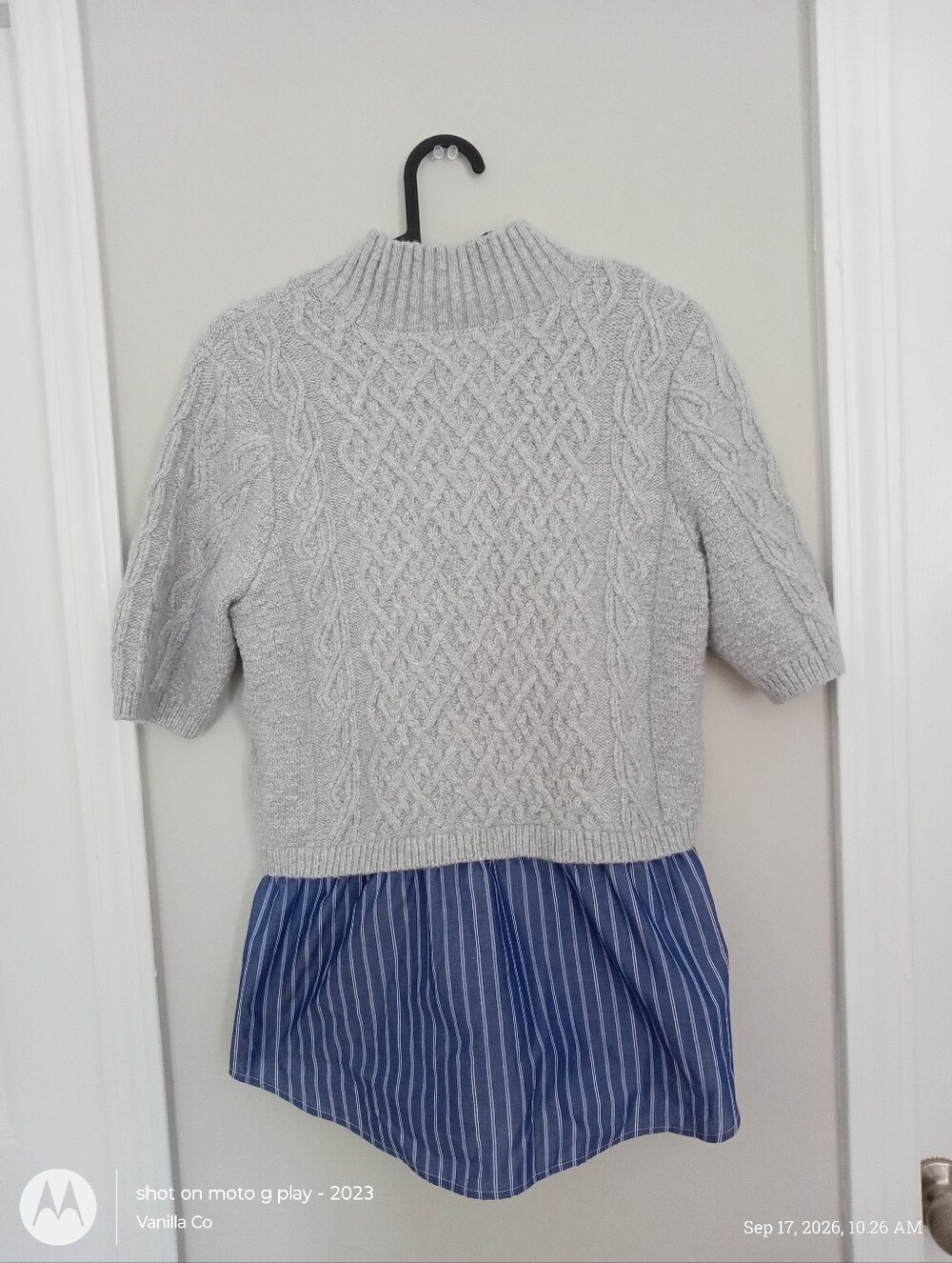 Anthropologie Maeve Melinda Cable Short-Sleeve Twofer Sweater Grey Blue Medium - Picture 6 of 12